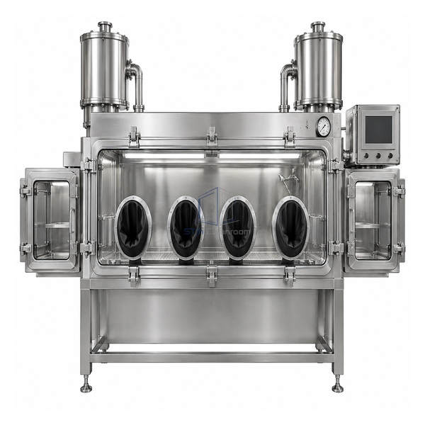 STjh 316L high-containment weighing isolator with four glove ports, transfer airlocks and safe-change double HEPA filters