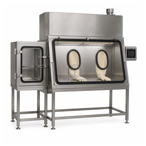 STjh 1200 mm high-potency containment isolator with two cream gloves and a left pass chamber on white