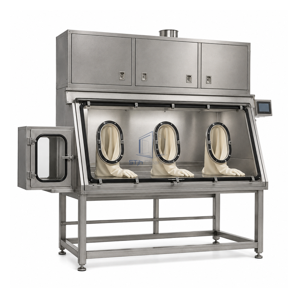 STjh 1600 mm high-potency isolator with three oval glove ports above an open support frame on white