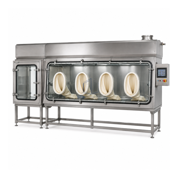 STjh 2000 mm high-potency containment isolator with four cream gloves across its extended chamber on white
