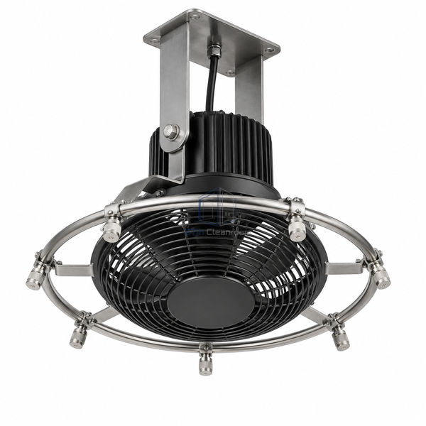 STjh 36 L/h high-pressure mist humidifier head with eight nozzles around a compact fan on white.