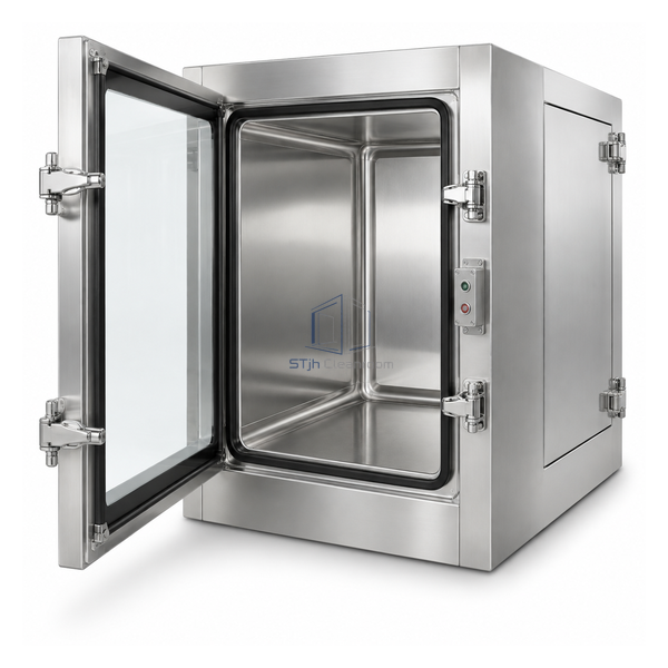 STjh large 30 inch electropolished 316L high-seal pass box with oversized leak-rated door and four latches
