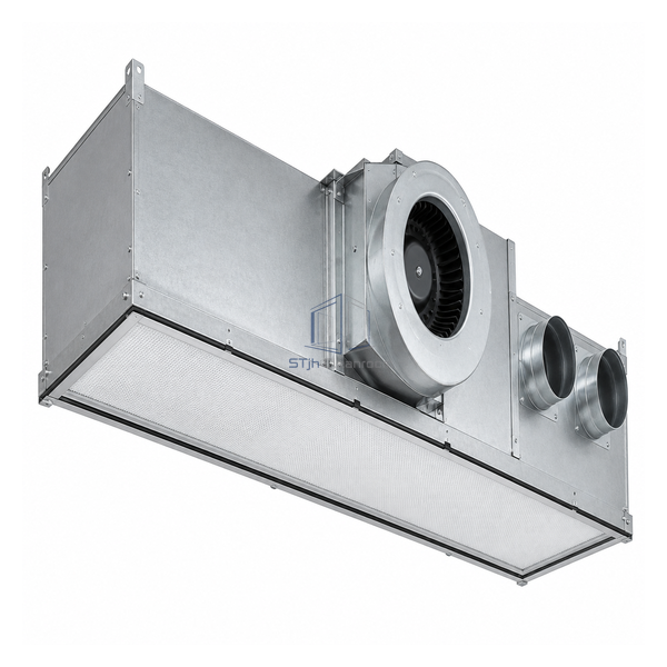 STjh 770 cubic-metre high-static-pressure FFU with deep narrow plenum and twin duct connections