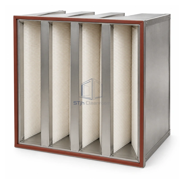 STJH-HIGH-TEMP-HEPA-H14-120C deep stainless V-bank HEPA filter with red-brown heat-resistant gasket on a white background