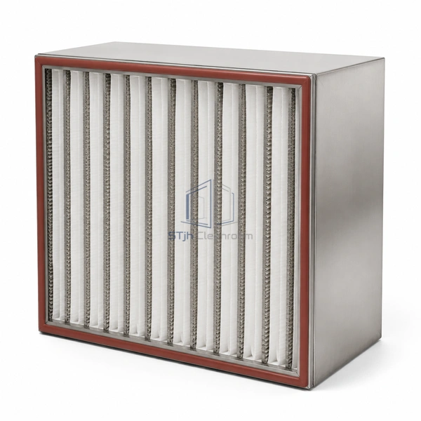 STJH-HIGH-TEMP-HEPA-H14-260C stainless separator HEPA filter with silicone perimeter gasket on white