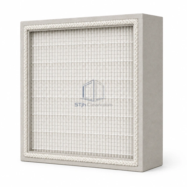 STJH-HIGH-TEMP-HEPA-H14-350C ceramic-frame HEPA filter with braided glass gasket and face grid on white