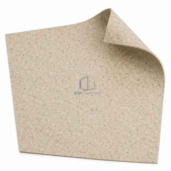 STJH high-traffic Type I homogeneous PVC flooring sample with an unrolled smooth face and compact curled edge on white