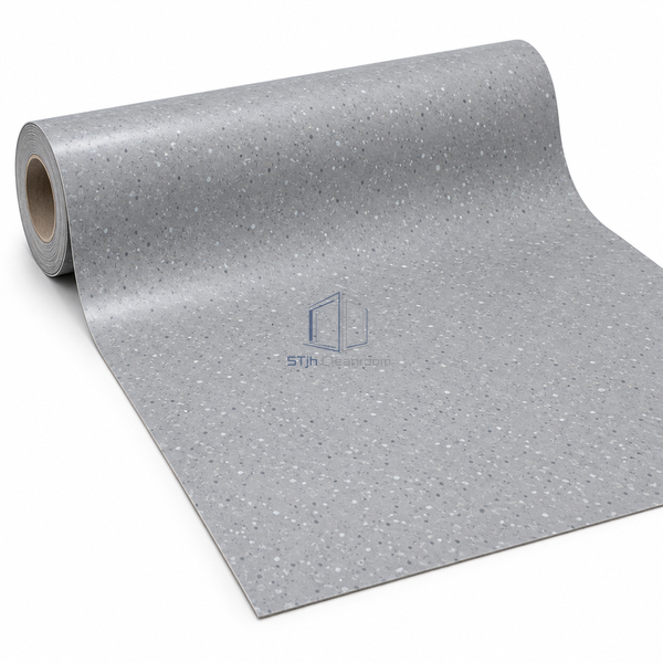 STJH no-wax homogeneous PVC flooring sample with smooth treated face and folded-back solid vinyl edge on white