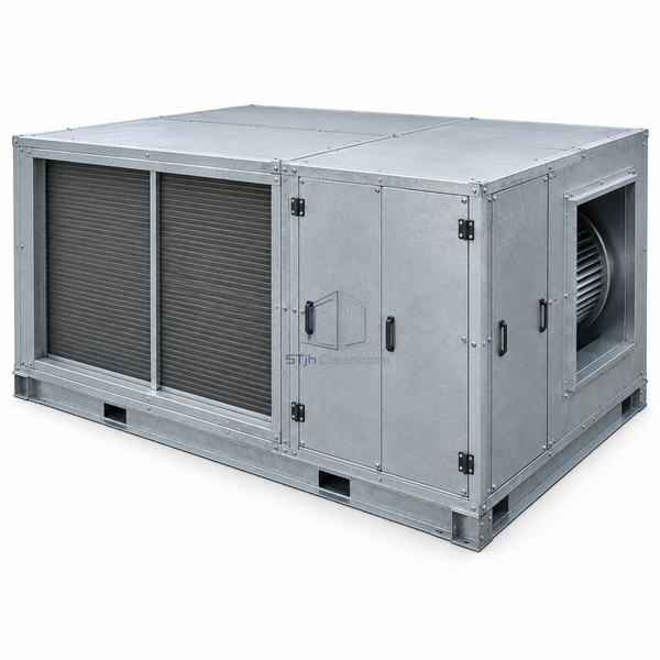 STjh 14000 CFM horizontal air handling unit with a large coil face and deep fan cabinet on white.