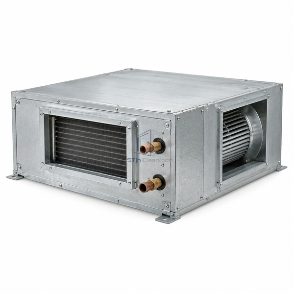 STjh 1500 CFM horizontal air handling unit with a short low-profile casing and compact coil face on white.