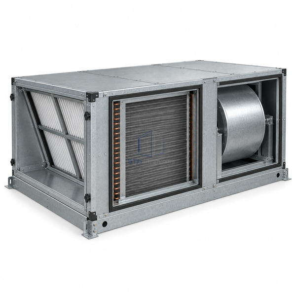STjh 5000 CFM horizontal air handling unit with a wider coil section and angled filter compartment on white.