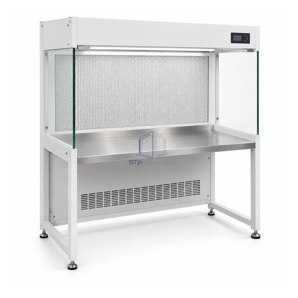 STjh compact 3 foot horizontal clean bench with rear HEPA wall, open front and glass side panels