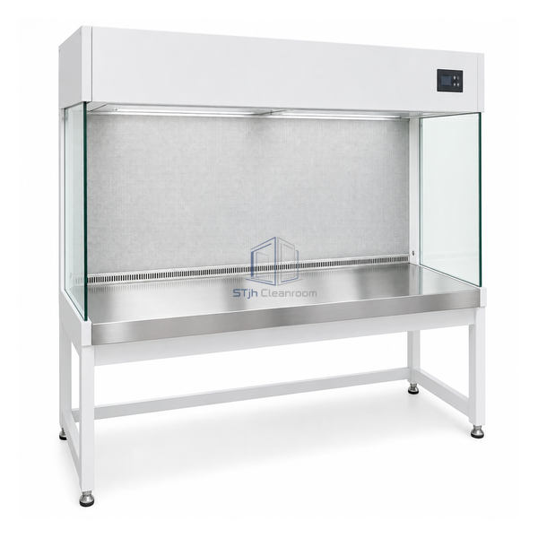 STjh wide 5 foot horizontal clean bench with rear HEPA filter wall and broad stainless work area