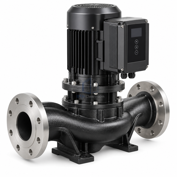 STjh DN80 16 m hot-water circulation pump with a long flanged body and large controlled motor on white.
