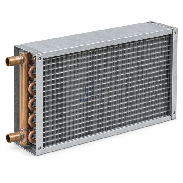 STjh two-row three-eighth-inch hot-water heating coil with a shallow core and compact copper headers on white.