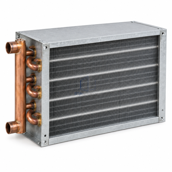STjh three-row half-inch hot-water heating coil with three tube rows and medium-depth casing on white.