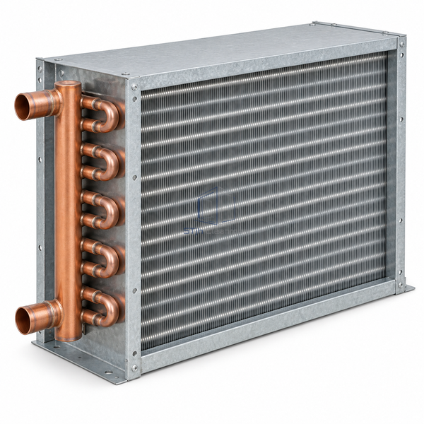 STjh four-row five-eighth-inch hot-water heating coil with a deep tube bank and large header on white.
