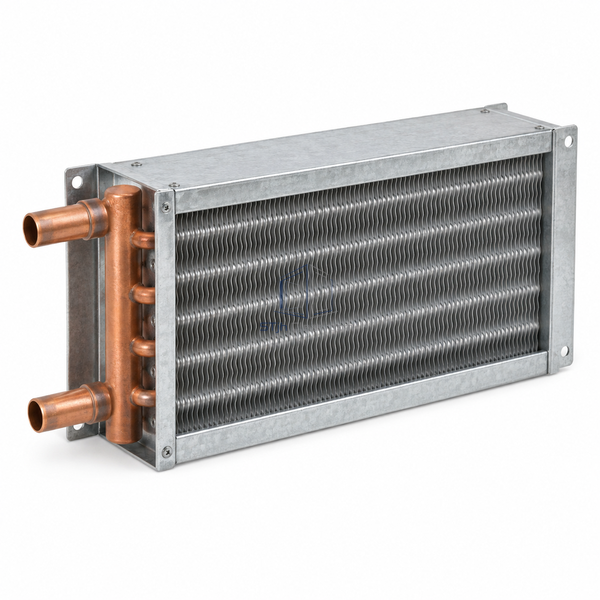 STjh two-row half-inch hot-water reheat coil with a shallow terminal core and single circuit on white.