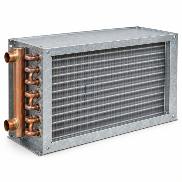 STjh four-row half-inch hot-water reheat coil with a deeper tube bank and larger headers on white.