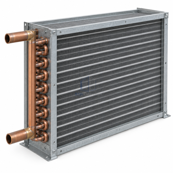 STjh six-row five-eighth-inch hot-water reheat coil with a deep core and large multi-circuit header on white.