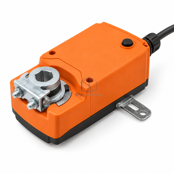 STJH-HVAC-DAMPER-ACTUATOR-10NM-MODULATING compact shaft-clamp drive and electrical lead on white