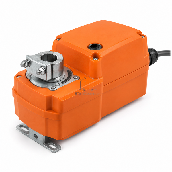STJH-HVAC-DAMPER-ACTUATOR-10NM-SPRING deep spring housing with shaft clamp and manual crank port on white