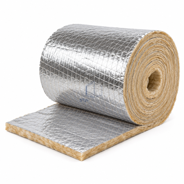 STJH-HVAC-DUCT-WRAP-INSULATION-R42-38MM white-background main view of thin fiberglass wrap roll with foil facing