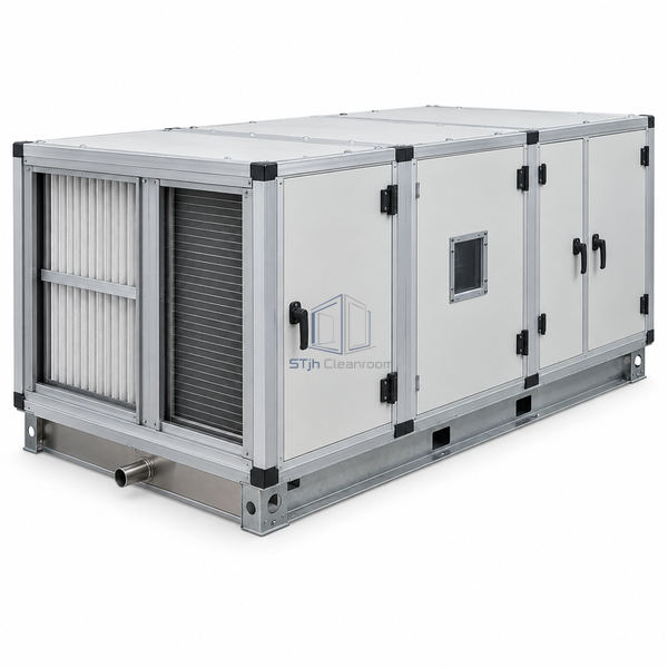 STjh 3190 CFM hygienic air handling unit with a medium square casing and stainless drainage connection on white.