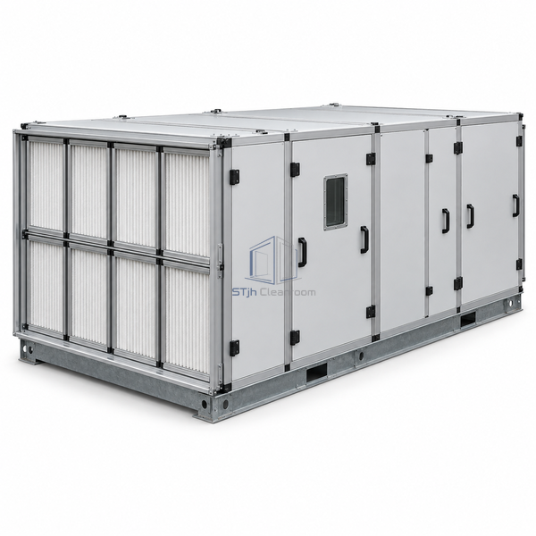 STjh 8046 CFM hygienic air handling unit with a broad rectangular filter face and central treatment modules on white.