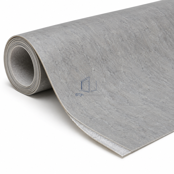 STJH glass-fleece reinforced clinical vinyl sheet sample partly rolled with visible 0.80 mm wear-layer edge on white