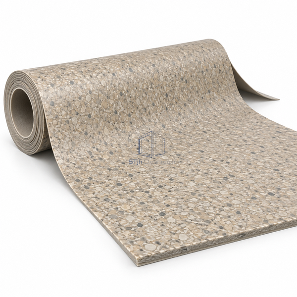 STJH pressed-chip multilayer vinyl sheet sample curled to expose its thick wear section and compact backing on white