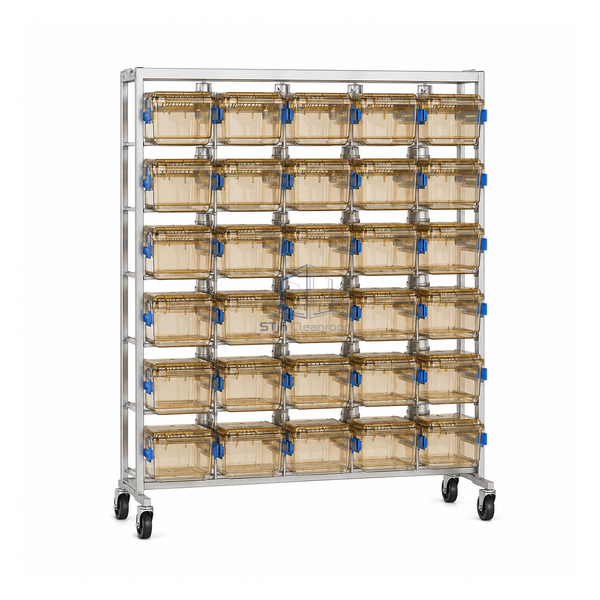 STjh single-sided ventilated cage rack with translucent cages and blue closures