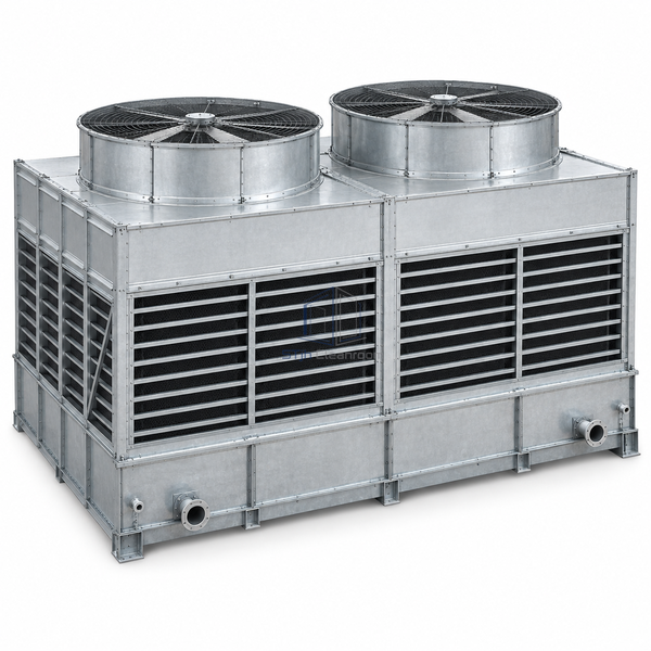 STjh 585-ton double-cell induced-draft cooling tower with twin fan outlets and a low broad louvered body on white.