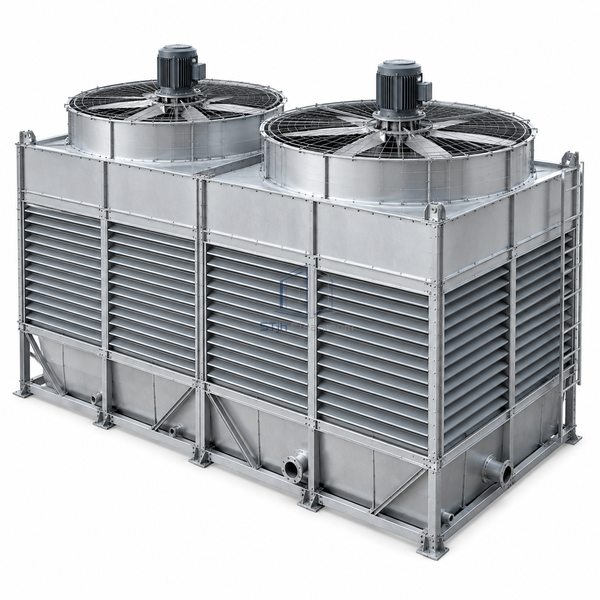 STjh 643-ton double-cell induced-draft cooling tower with enlarged twin fan assemblies and side louvers on white.