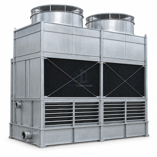 STjh 723-ton tall double-cell cooling tower with a deeper louvered thermal section and twin top fans on white.