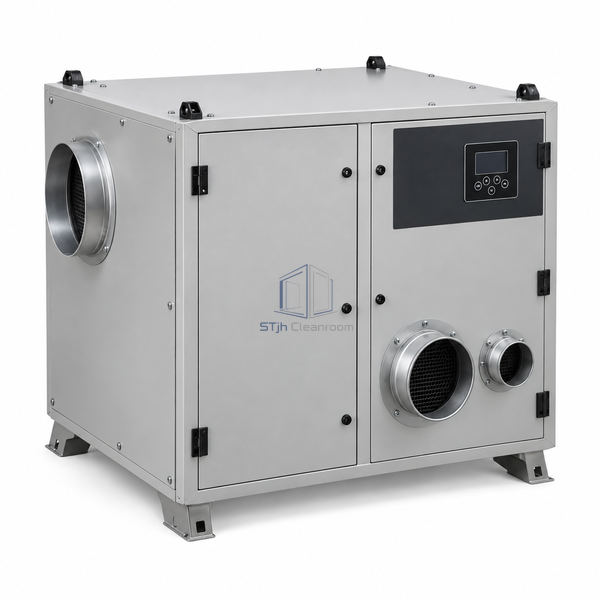 STjh 180 m3/h industrial desiccant rotor dehumidifier with a compact sealed casing and small air ports on white.