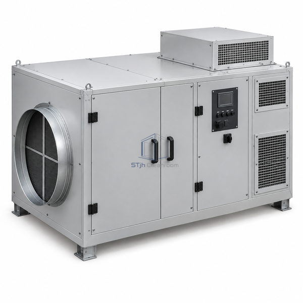 STjh 270 m3/h industrial desiccant rotor dehumidifier with a wider casing and enlarged process-air opening on white.