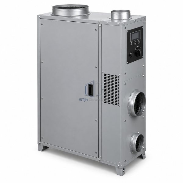 STjh 350 m3/h industrial desiccant rotor dehumidifier with a tall cabinet and separate regeneration port on white.