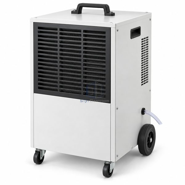 STjh 41 L/day industrial refrigerant dehumidifier with a compact wheeled cabinet and front air grille on white.
