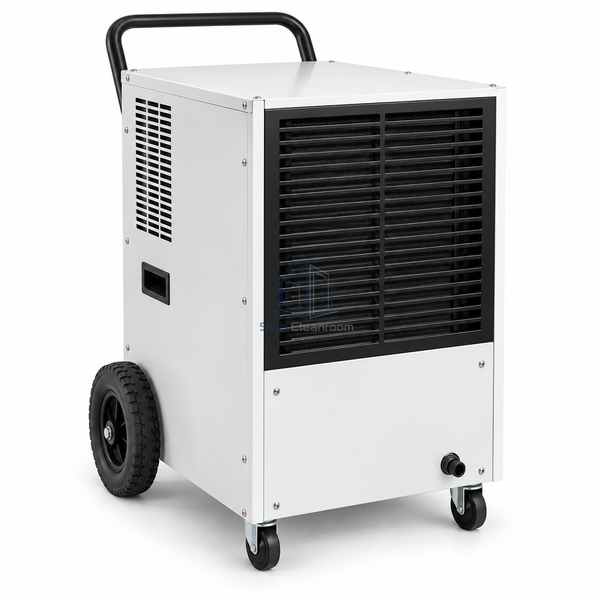 STjh 52 L/day industrial refrigerant dehumidifier with a deeper refrigeration compartment and sturdy wheeled base on white.