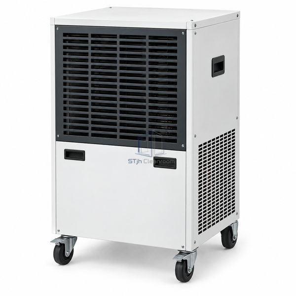 STjh 80 L/day industrial refrigerant dehumidifier with a tall cabinet and large airflow grille on white.