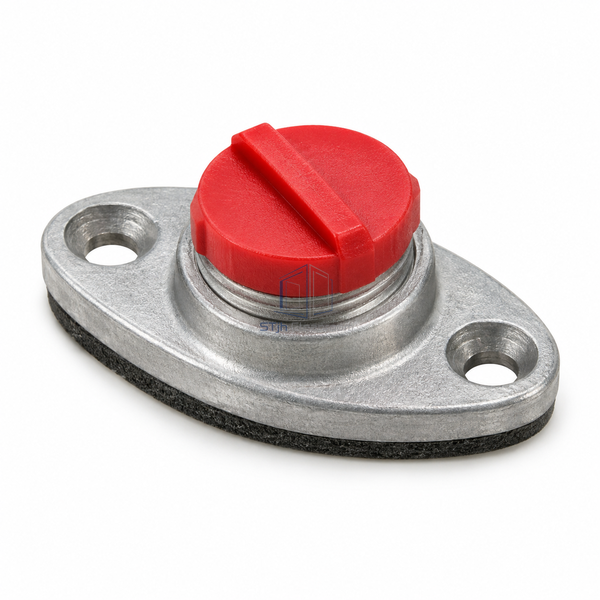 STJH-INSTRUMENT-TEST-PORT-AIR-DUCT-19MM-BARE compact silver flange and red threaded plug on white