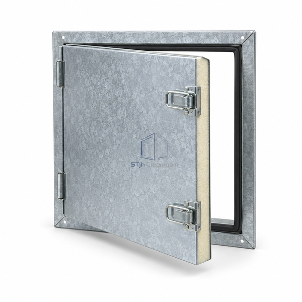 STJH-INSULATED-DUCT-ACCESS-DOOR-200X200 small hinged panel with two clasps on white