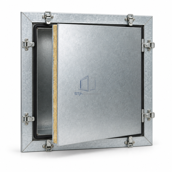 STJH-INSULATED-DUCT-ACCESS-DOOR-600X600 broad hinged access panel with eight clasps on white