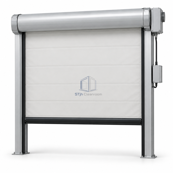 STjh closed-cell-foam insulated roll-up door on white with a thick opaque curtain, deep header and aluminum guide columns.