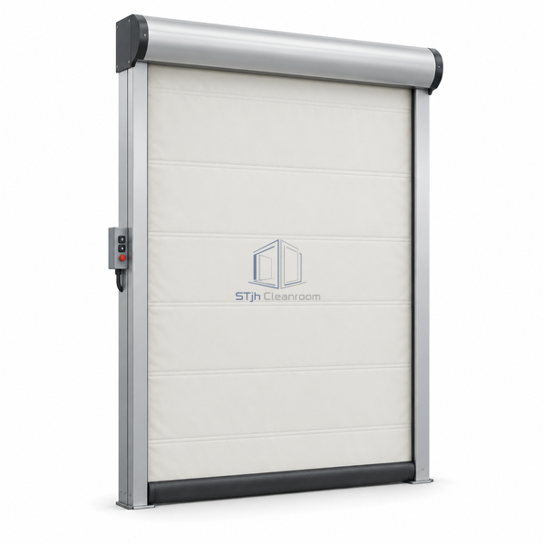 STjh insulated cooler roll-up door on white with a tall opaque fabric curtain, slim anodized columns and padded soft bottom bar.