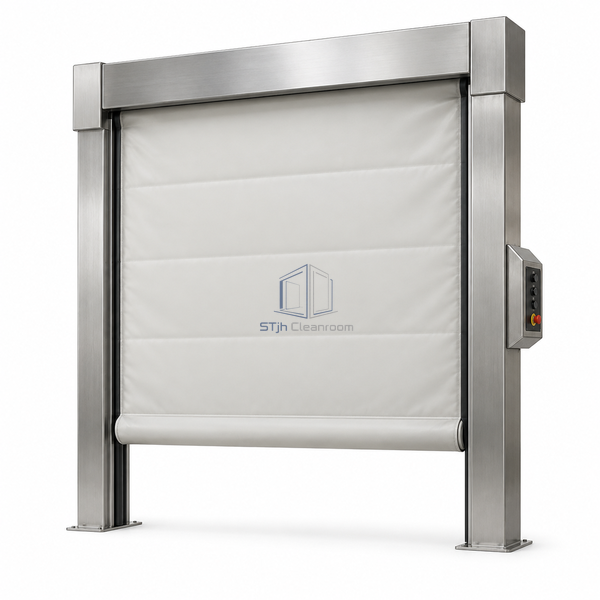 STjh insulated polyfoam roll-up door on white with an opaque padded curtain, stainless housing and soft lower edge.