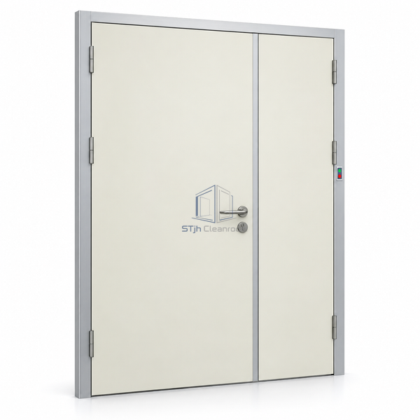 STjh 1350 mm HPL interlocked cleanroom door with unequal leaves and a compact access-status indicator against white.