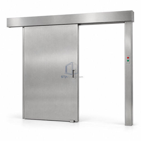 STjh stainless sliding cleanroom door with an overhead track cover and compact interlock status display on white.