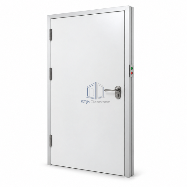 STjh steel swing interlocked cleanroom door with a red-green status indicator and locking hardware on a white background.